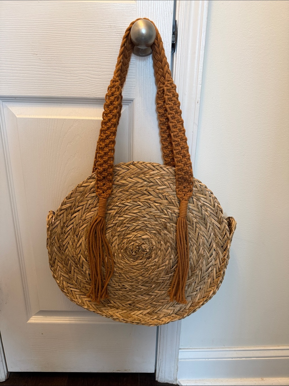 Universal Thread Round Woven Straw Tote with Braided Tassel Straps - Tan/Natural